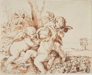 Dois Putti vendam os olhos a um terceiro de Circle of Guido Reni