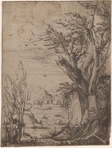 Paisagem com árvores retorcidas e pescador de Circle of Jacques de Gheyn