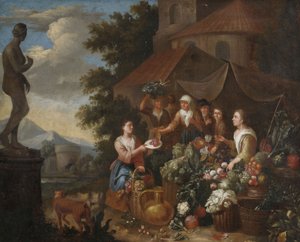 Venda de legumes e flores numa banca de mercado italiana. de Circle of Norbert van Bloemen