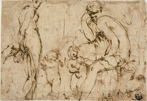 Vénus e Marte com Putti (anverso); Homem barbudo deslocando-se para a direita (verso) de Circle of Parmigianino