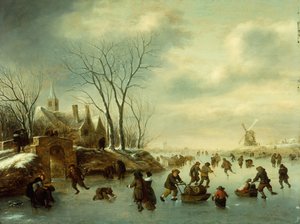 Paisagem de inverno com patinadores (óleo sobre painel) de Claes (1630-76) Molenaer
