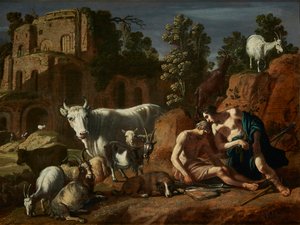 Holandês: Mercúrio prepara-se para decapitar o Argus adormecido Mercúrio e Argus rodeados de animais numa paisagem de Claes Corneliszoon Moeyaert