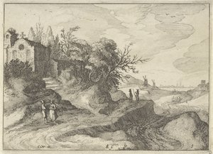 Capela em uma estrada sinuosa Paisagens holandesas (título da série) Amaeniores Aliquot Regiunculae (título da série no objeto) de Claes Jansz. Visscher (II)