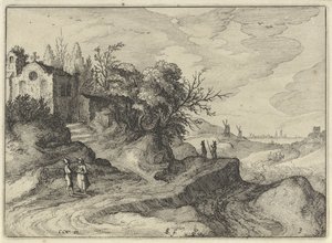 Capela em uma estrada sinuosa Paisagens holandesas (título da série) Amaeniores Aliquot Regiunculae (título da série no objeto) de Claes Jansz. Visscher (II)