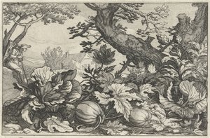 Paisagem com abóboras e carvão Paisagens com fazendas (título da série) de Claes Jansz. Visscher (II)