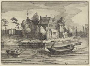 Sloops em uma propriedade Paisagens holandesas (título da série) Amaeniores Aliquot Regiunculae (título da série no objeto) de Claes Jansz. Visscher (II)