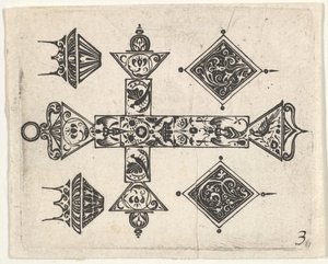 Gravura em Blackwork com Cruz Latina e Quatro Motivos, ca. 1620 de Claes Jansz Visscher