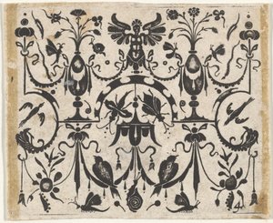 Impressão em preto com padrão grotesco simétrico, ca. 1620.