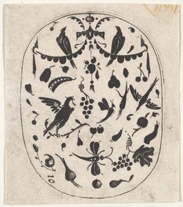 Estampa oval preta com pássaros, insetos e frutas, ca. 1620 de Claes Jansz Visscher