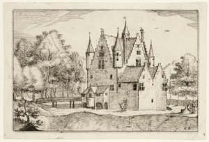 Um castelo, placa 22 a partir de Quadros de quintas, casas de campo e aldeias rústicas (Praediorum villarum et rusticarum casularum icones) de Claes Jansz. Visscher II
