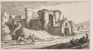 Um camponês com um cavalo numa estrada perto das muralhas da cidade, de Paisagens (Playsante Lantschappen) de Claes Jansz. Visscher II