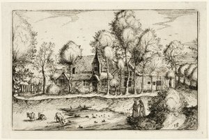 Uma lagoa, placa dezoito depois de Quadros de quintas, casas de campo e aldeias rústicas (Praediorum villarum et rusticarum casularum icones) de Claes Jansz. Visscher II