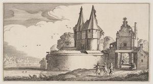 Baluarte e porta de cidade sobre um rio, de Paisagens (Playsante Lantschappen) de Claes Jansz. Visscher II