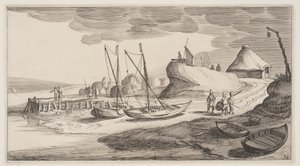 Barcos em terra perto de uma torre de vigia, de Paisagens (Playsante Lantschappen)