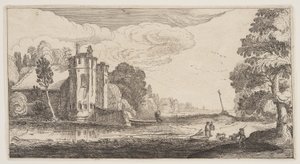 Casa de campo com duas torres hexagonais, de Paisagens (Playsante Lantschappen) de Claes Jansz. Visscher II
