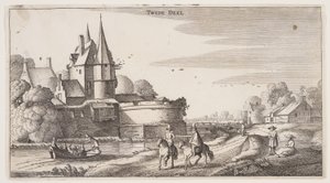 Estrada rural ao longo de uma aldeia com um bastião, de Paisagens (Playsante Lantschappen) de Claes Jansz. Visscher II