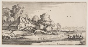 Tiro aos patos a partir de um barco a remos perto de uma quinta, de Paisagens (Playsante Lantschappen) de Claes Jansz. Visscher II