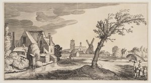 Casa numa lagoa fora de uma cidade, de Paisagens (Playsante Lantschappen) de Claes Jansz. Visscher II