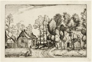 Paisagem com árvores cortadas, placa dezassete depois de Quadros de quintas, casas de campo e aldeias rústicas (Praediorum villarum et rusticarum casularum icones) de Claes Jansz. Visscher II