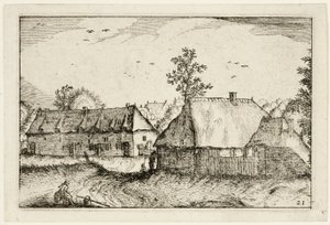 Grandes barracões, placa 21 depois de Quadros de quintas, casas de campo e aldeias rústicas (Praediorum villarum et rusticarum casularum icones) de Claes Jansz. Visscher II