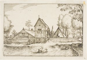 Grande quinta murada, chapa 23 depois de Quadros de quintas, casas de campo e aldeias rústicas (Praediorum villarum et rusticarum casularum icones) de Claes Jansz. Visscher II