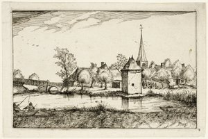 Lagoa e aldeia, placa quinze depois de Quadros de quintas, casas de campo e aldeias rústicas (Praediorum villarum et rusticarum casularum icones) de Claes Jansz. Visscher II