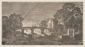 Pôr do sol sobre um rio, de Paisagens (Playsante Lantschappen) de Claes Jansz. Visscher II