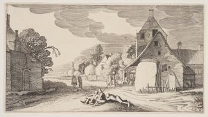 Três camponeses descansando num cruzamento de uma aldeia, de Paisagens (Playsante Lantschappen) de Claes Jansz. Visscher II