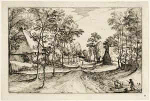 Village Road, placa catorze depois de Pictures of Farms, Country Houses and Rustic Villages (Praediorum villarum et rusticarum casularum icones) de Claes Jansz. Visscher II