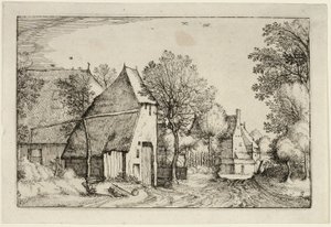 Village Road, placa três depois de Pictures of Farms, Country Houses and Rustic Villages (Praediorum villarum et rusticarum casularum icones) de Claes Jansz. Visscher II