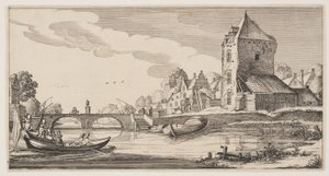 Aldeia sobre um rio, de Paisagens (Playsante Lantschappen) de Claes Jansz. Visscher II