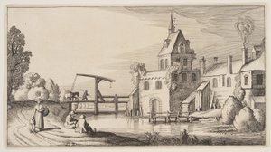Aldeia sobre um rio, de Paisagens (Playsante Lantschappen) de Claes Jansz. Visscher II