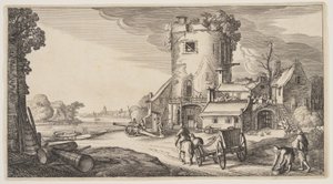 Torre de vigia perto de um rio, de Paisagens (Playsante Lantschappen)
