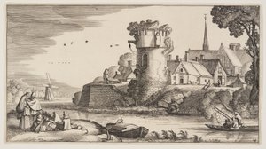 Torre de vigia junto a um rio, de Paisagens (Playsante Lantschappen)