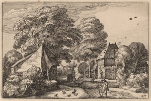 Estrada com celeiro e chalés