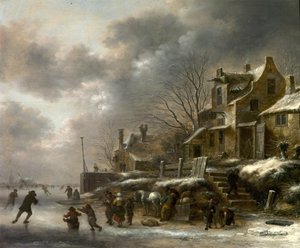 Cena de inverno, rio com figuras patinando, 1671