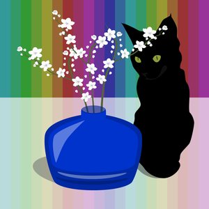 Vaso de vidro azul com flor e gato preto de Claire Huntley