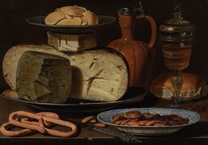 Ainda vida com queijos, amêndoas e Pretzels, c.1615