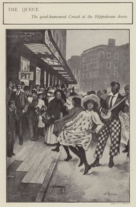 Uma fila de boa natureza fora das portas do Hipódromo de Londres (litho) de Clarence F. Underwood