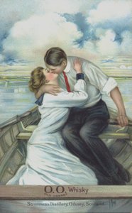 Par, beijando, em, um, barco remando, -, usado, para, mercado, antigas, orkney uísque