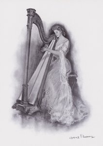 Mulher tocando harpa (cor litho)
