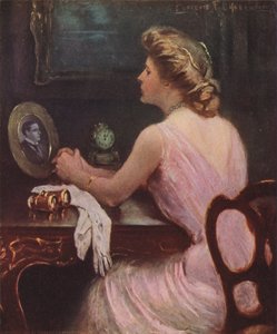 Mulher, sentando, em, dela, penteadeira, olhar, um, fotografia, de, um, homem, possivelmente, dela, marido, ou, amante