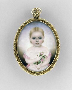 Retrato de uma menina, c.1840 (aquarela sobre marfim, dourado e vidro) de Clarissa Peters Russell