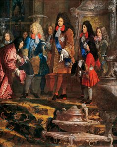 Luís XIV recebendo a apresentação, Doge de Génova em Maio de 1685, detalhe da pintura de Claude-Guy Halle (1652-1736), França