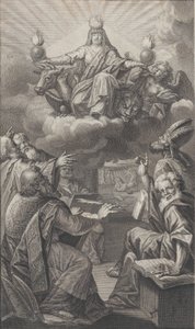 Figura alegórica aparecendo nas nuvens acima enquanto um grupo de homens reunidos abaixo olha para você..., 1728.