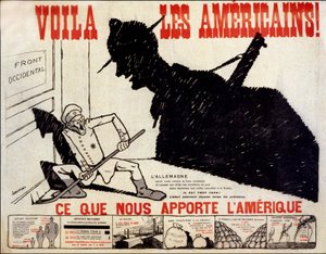 Aqui estão os americanos e o que a América nos traz - cartaz sobre o esforço de guerra americano, doente. por Charles Saunier (nascido em 1865) de Claude Charles (attr. to) Saunier