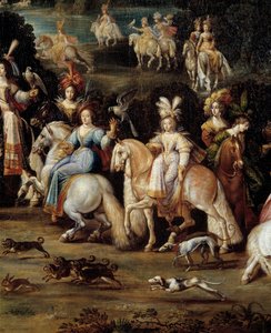 Ecuyeres hunting falcon Detail from a painting by Claude Deruet (1588-1662). Dim. 1,14 x 2,58 m de Claude Deruet