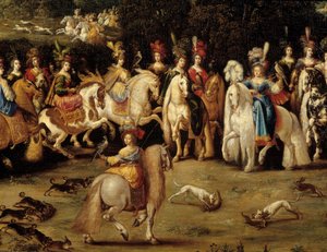 Os quatro elementos. O detalhe aéreo: Falcão de caça Ecuyere. Pintura de Claude Deruet (1588-1662)