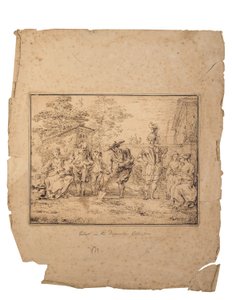 Les quatre âges de la vie: Sete figuras em um jardim, uma cavando com uma pá (caneta e tinta marrom) de Claude Gillot