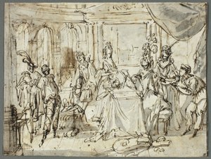 A Preparação dos Atores (reto); Estudos da Sagrada Família e São João Batista (verso) de Claude Gillot